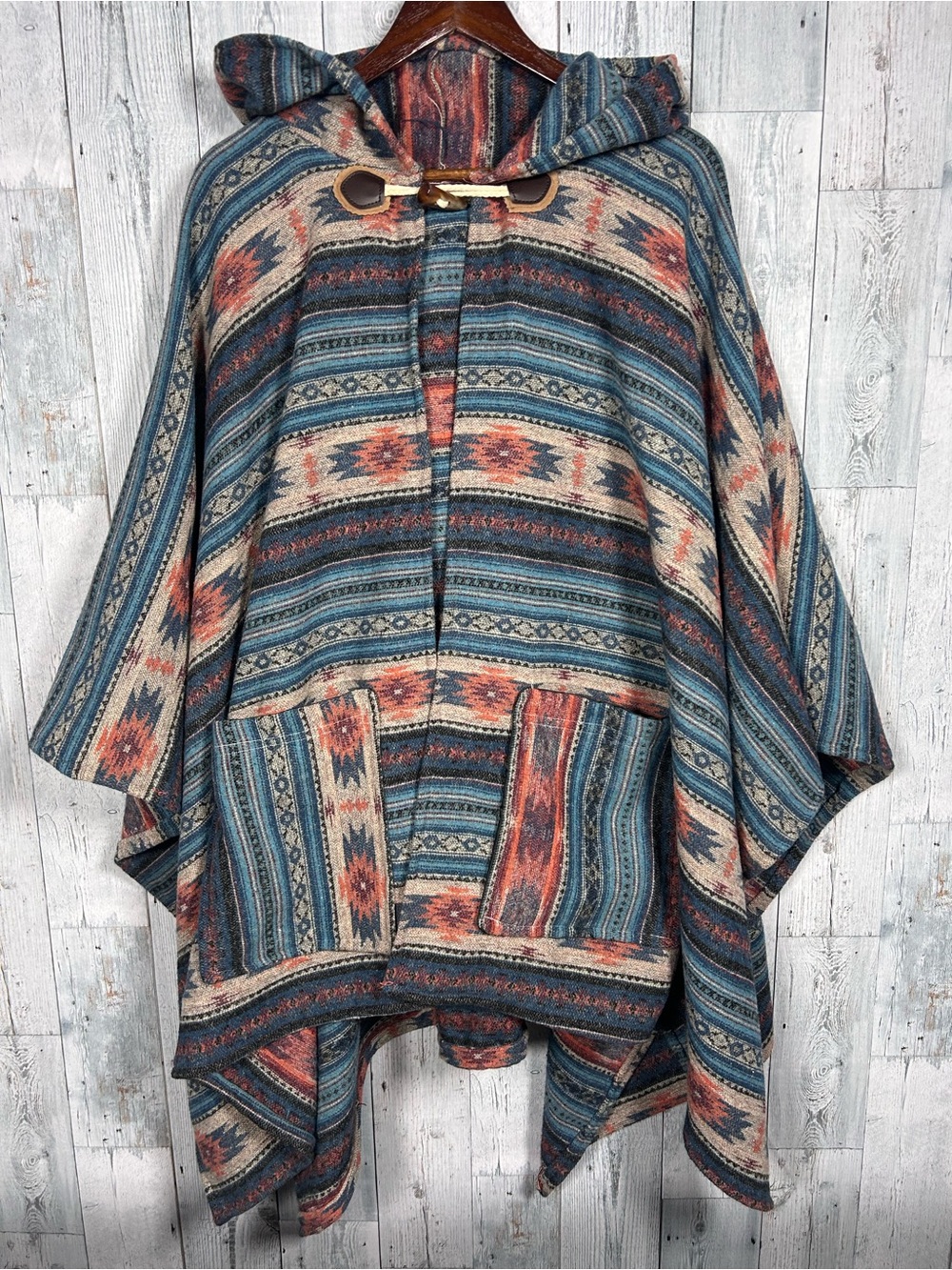 Boho Southwestern Aztec Hooded Poncho Cape Western Hippie Festival One Size